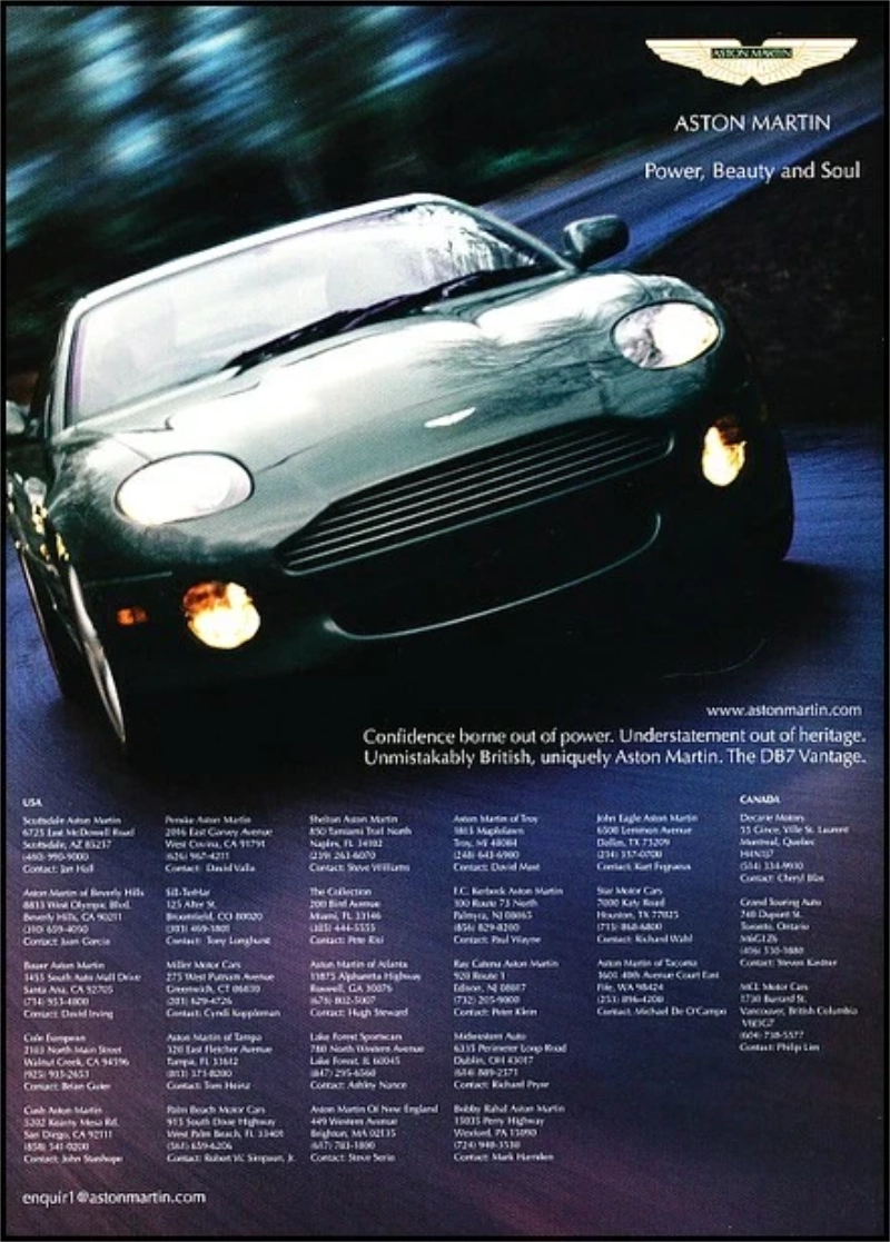 Aston Martin vintage auto ad; Power, Beauty and Soul